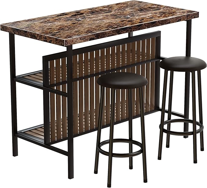 DKLGG 3 Piece Dinging Table Set, Faux Marble Dining Room Table Set with 2 Tier Storage Shelves, Bar Table Set with Bar Stools, Sturdy Kitchen Table with Storage for Restaurant, Living Room - LeafyLoom