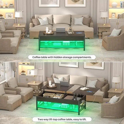 Aheaplus Coffee Table, Lift Top Coffee Table with LED light and Power Outlet, Modern Lift-Top Table with Storage Shelf, Center Table for Living Room with Lift Tabletop, X Support Metal Frame, Espresso - LeafyLoom