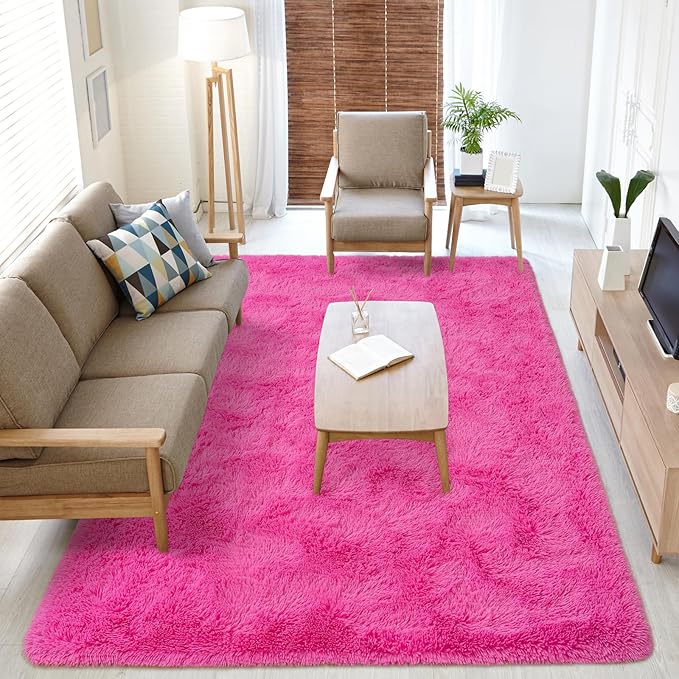 Softlife Ultra Soft Fluffy Area Rugs for Bedroom, Girls and Boys Room Kids Room Nursery Large Rug, 5.3 x 7.6 Feet Shaggy Fur Indoor Plush Modern Floor Carpet for Living Room Christmas Decor, Hot Pink - LeafyLoom