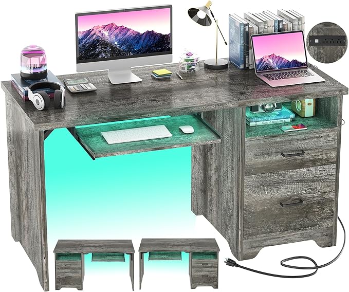 55 Inch Computer Desk with Smart LED Light and Power Outlet, Reversible Office Desk with File Cabinet, Modern Sturdy Writing Table Gaming Desk with Drawers and Keyboard Tray, Black Oak - LeafyLoom