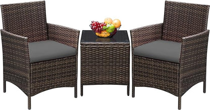 Greesum 3 Pieces Patio Furniture Sets Outdoor PE Rattan Wicker Chairs with Soft Cushion and Glass Coffee Table for Garden Backyard Porch Poolside, Brown and Gray - LeafyLoom