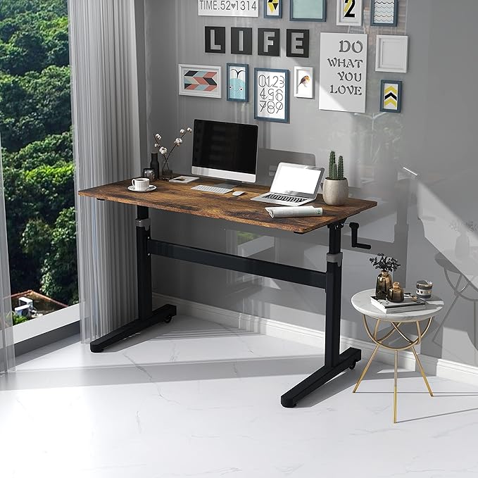 Manual Standing Desk Adjustable Height- Crank Mobile Standing Desk 55 x 24 Inches Sit Stand Desk Frame & Top, Stand Up Desk on Wheels, Computer Desk Black Frame & Rustic Brown - LeafyLoom