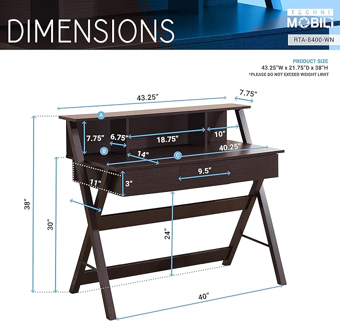 NicBex Laik-DW-00040-DX Desks, 43.25" W x 21.75" D x 38" H, Brown - LeafyLoom