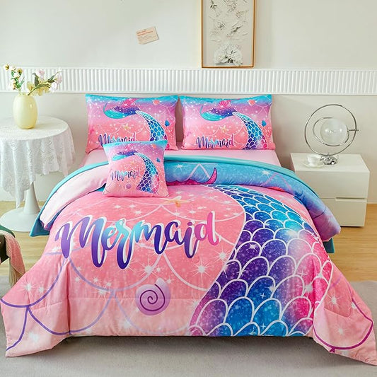 RYNGHIPY Mermaid Kids Girls Comforter Set Queen Size Pink Blue Gradient Fish Tail Bed in a Bag - includes Comforter & Sheet Set for Teens Girls Super Soft Kids Bedding - LeafyLoom