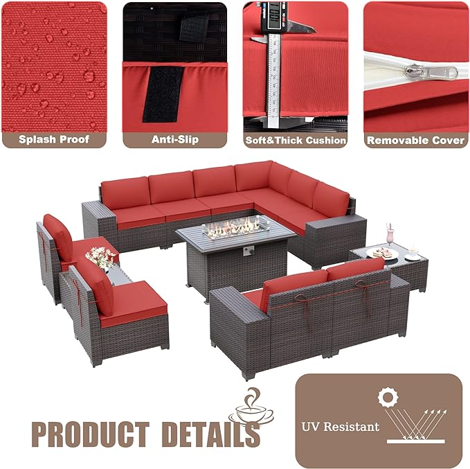 Patio Furniture Sectional Sofa Set 13-Pieces PE Rattan Patio Conversation Set w/43in Gas Fire Pit Table, Outdoor Furniture with 55000 BTU Propane Fire Pit, Red - LeafyLoom