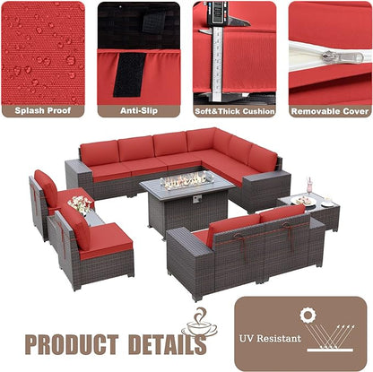 Patio Furniture Sectional Sofa Set 13-Pieces PE Rattan Patio Conversation Set w/43in Gas Fire Pit Table, Outdoor Furniture with 55000 BTU Propane Fire Pit, Red - LeafyLoom