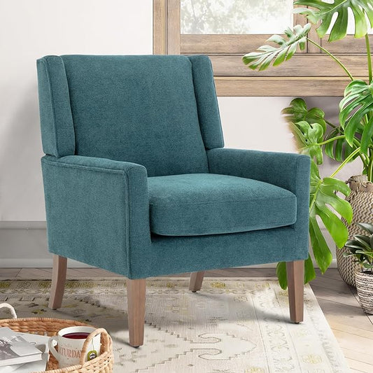 COLAMY Modern Wingback Living Room Chair, Upholstered Fabric Accent Armchair, Single Sofa chair with Lounge Seat and Wood Legs for Bedroom/Office/Reading Spaces, Teal - LeafyLoom