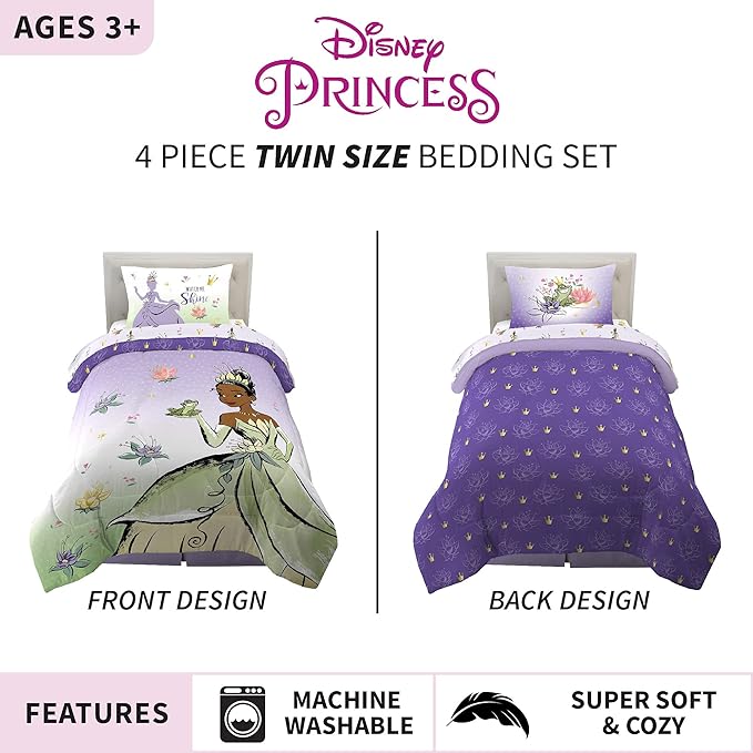 Disney Princess Tiana Kids Bedding Super Soft Microfiber Comforter And Sheet Set, 4 Piece Twin Size, "Official" Disney Product By Franco - LeafyLoom