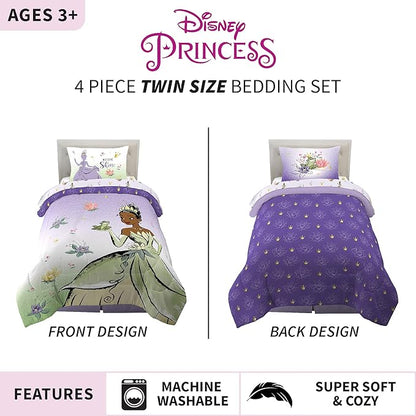 Disney Princess Tiana Kids Bedding Super Soft Microfiber Comforter And Sheet Set, 4 Piece Twin Size, "Official" Disney Product By Franco - LeafyLoom