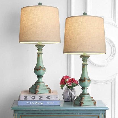 PORTRES 24.5" Rustic Table Lamp Set of 2 for Living Room Farmhouse Bedside Nightstand Lamps for Bedroom Kids Room Study Room Office Rustic Table Lamps Resin Green - LeafyLoom