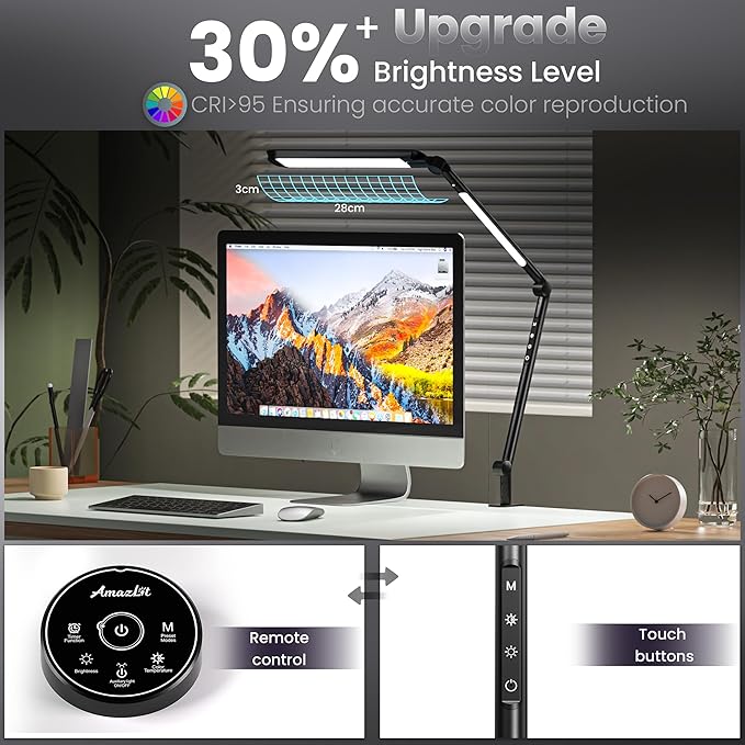 LED Desk Lamp with Clamp, Desk Light, Adjustable Brightness & Color Temperature, Modern Architect Clip on Lamp with Memory & Timer Function, Clamp Light for Study, Work, Home, Office, 15W - LeafyLoom