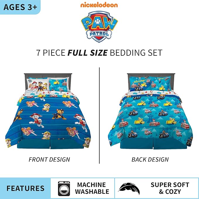 Franco Kids Bedding Super Soft Comforter and Sheet Set with Sham, 7 Piece Full Size, Paw Patrol - LeafyLoom