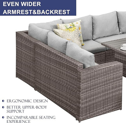 7-Pieces Furniture, PE Wicker Rattan Sets with Dining Ottomans, Patio Table and Chairs, Outdoor Sectional Sofa, Ec-Grey - LeafyLoom