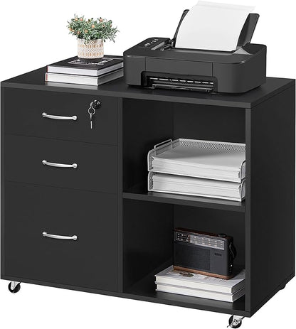 Yaheetech Black File Cabinet with Lock for Letter, A4 Size,3 Drawer Lateral Filing Cabinet Printer Stand with Open Storage Compartments,Mobile Filing Cabinet for Home Office, Black - LeafyLoom