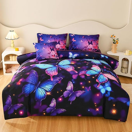 DORCAS Butterfly Comforter Sets for Girls,Twin Size Butterfly Bedding Sets Girls,6 Pieces Girls Bedding Sets Twin with Comforter Sheets for Teens Kids - LeafyLoom