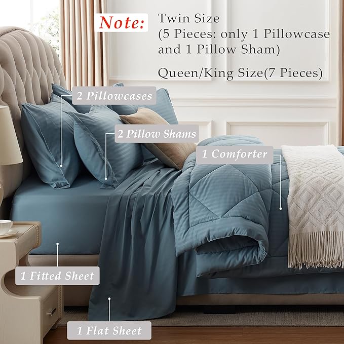 NexHome Blue Grey King Bed in a Bag 7-Pieces Comforter Sets with Comforter and Sheets Soft All Season Bedding Sets with Comforter, Pillow Shams, Flat Sheet, Fitted Sheet and Pillowcases - LeafyLoom