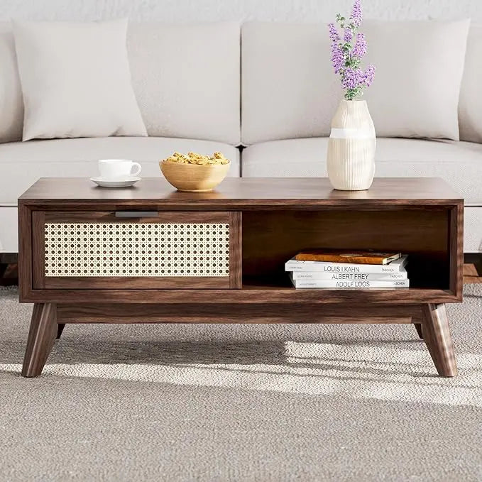 Bme Modern Solid Wood Coffee Table with Storage, Accent Rattan Design, Perfect for Living Room, Walnut, Medium - LeafyLoom