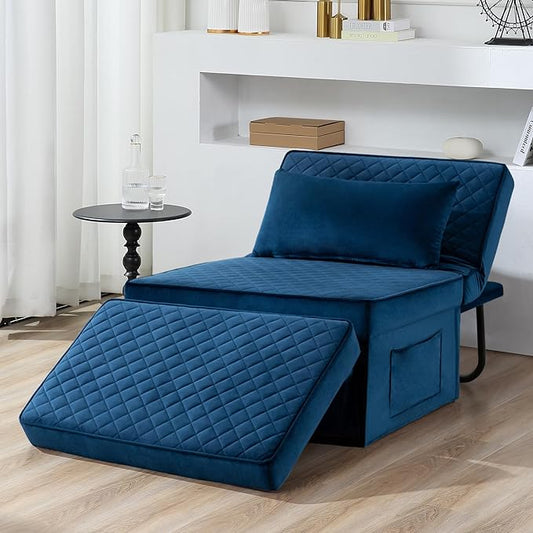 Sofa Bed, 4 in 1 Multi-Function Folding Ottoman Breathable Velvet Couch Bed with Adjustable Backrest Modern Convertible Chair for Living Room Apartment Office,Squared-Blue - LeafyLoom