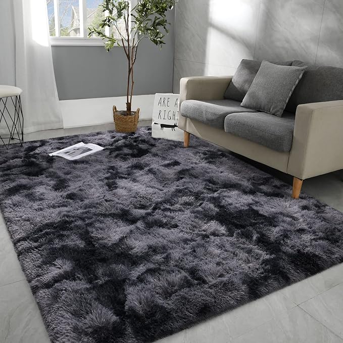 6x9 Large Area Rugs for Living Room, Super Soft Fluffy Modern Bedroom Rug, Tie-Dyed Dark Grey Indoor Shag Fuzzy Carpets for Girls Kids Nursery Room Home Decor - LeafyLoom