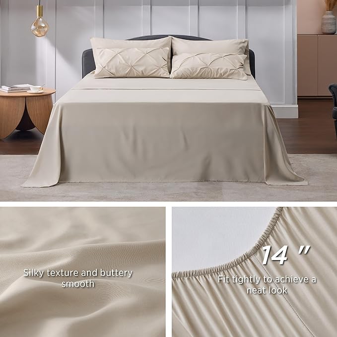 Bedsure California King Comforter Set - Cal King Bed Set 7 Pieces, Pinch Pleat Beige Cali King Bedding Set with Comforter, Sheets, Pillowcases & Shams - LeafyLoom