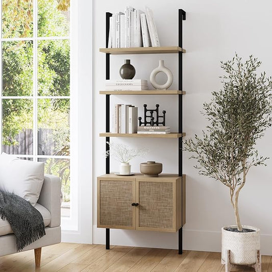 Nathan James Theo Ladder 3 tier Open Bookshelf with Rattan Drawers and Matte Steel Frame, Light Oak/Black - LeafyLoom