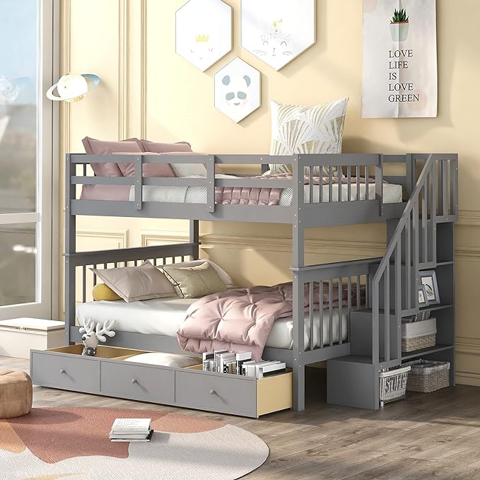 Full Over Full Bunk Bed with Stairs Storage and 3 Drawers, Wooden Stairway Bunkbeds, can be Divided into two Platform Bedframe, for Kids Teens Adults Bedroom, Gray - LeafyLoom