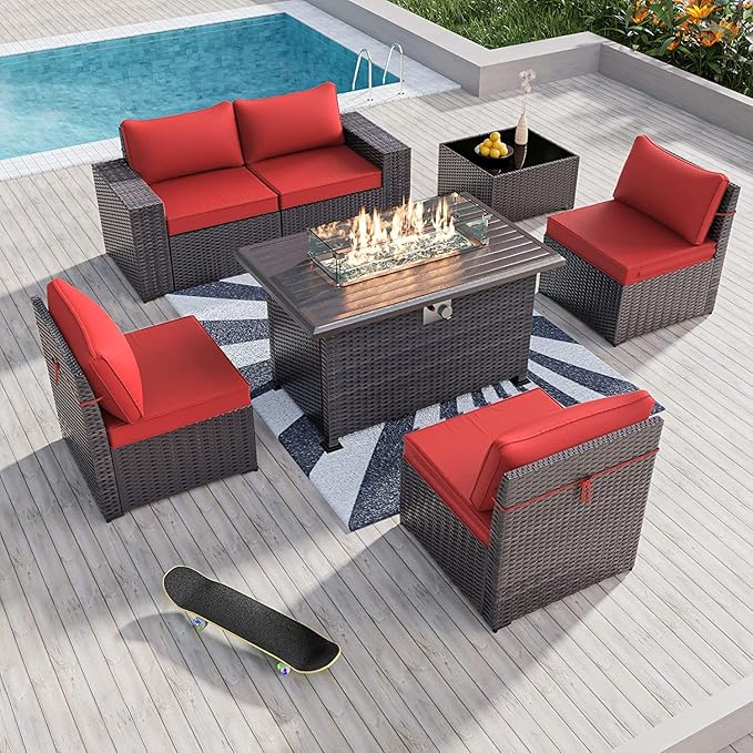 Kullavik 7 Pieces Outdoor Patio Furniture Set with 43" 55000BTU Gas Propane Fire Pit Table PE Wicker Rattan Sectional Sofa Patio Conversation Sets,Dark Red - LeafyLoom