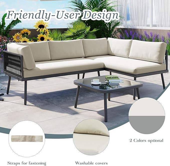 3-Piece Outdoor Patio Furniture PE Rattan Sofa Set, All Weather L-Shaped Sectional Couch with Removable Cushions and Glass Table, for Backyard Poolside Garden, Metal Frame, Onesize, Beige - LeafyLoom