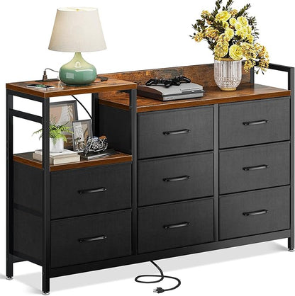 ODK Dresser with Charging Station, 52-Inch Long Dresser TV Stand for Bedroom, Large Dresser with 8 Storage Drawers, Chest of Drawers Easy-Pull Fabric Dressers for Living Room, Vintage and Black - LeafyLoom