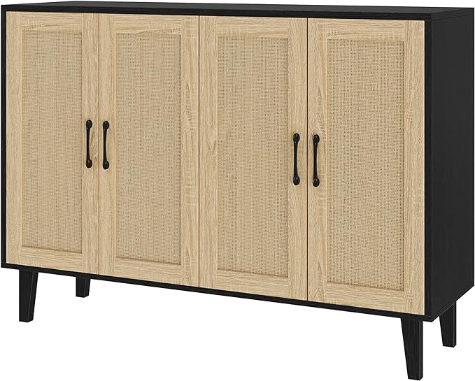 Panana Buffet Storage Cabinet with Rattan Decorating 4 Doors Living Room Kitchen Sideboard 48.43 x 34.65 x 15 inch (Black) - LeafyLoom