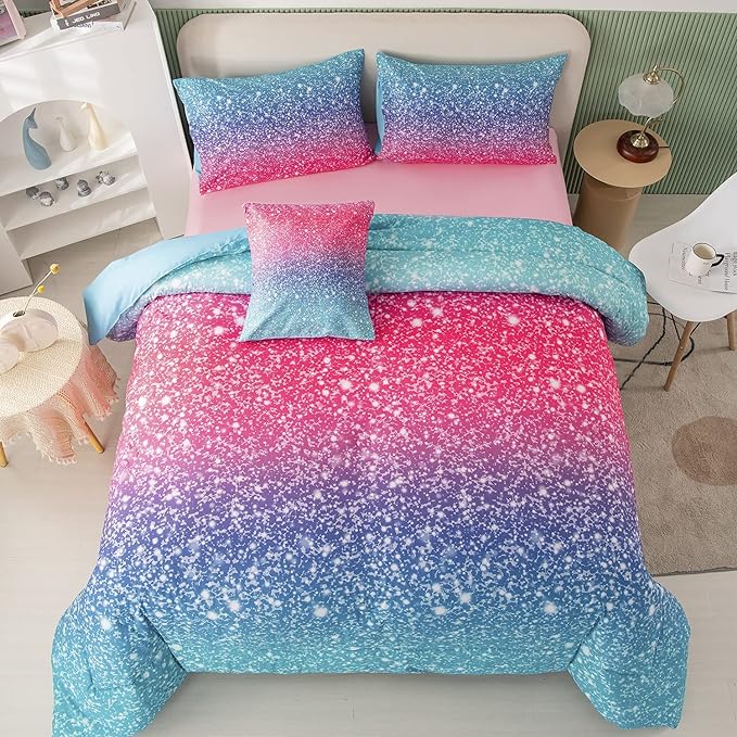 PERFEMET 6Pcs Pink Full Size Comforter Sets for Girls Colorful Rainbow Glitter Kids Bedding Set Sparkly Pastel Ombre Teen Girl Bed in A Bag Comforter Set with Sheets (Pink Blue, Full) - LeafyLoom