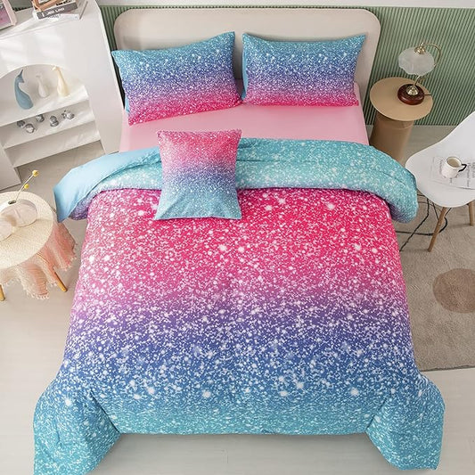 PERFEMET 6Pcs Pink Full Size Comforter Sets for Girls Colorful Rainbow Glitter Kids Bedding Set Sparkly Pastel Ombre Teen Girl Bed in A Bag Comforter Set with Sheets (Pink Blue, Full) - LeafyLoom