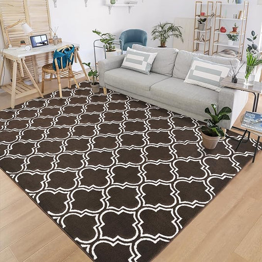 Chicrug Shag Geometric 7x10 Area Rug for Living Room, Large Modern Memory Foam Indoor Carpet, Fluffy Rug for Bedroom Bedside Room Decor for Family Girls Kids Nursery, Brown/White - LeafyLoom