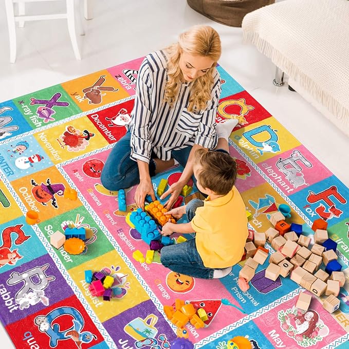 IMIKEYA Kids Play Rug Mat Playmat with Colorful Pattern, Playtime Collection ABC Alphabet, Seasons, Months, Fruit and Shapes Educational Area Rug for Kids Playroom Bedrooms, 78.7 x 59 Inch - LeafyLoom