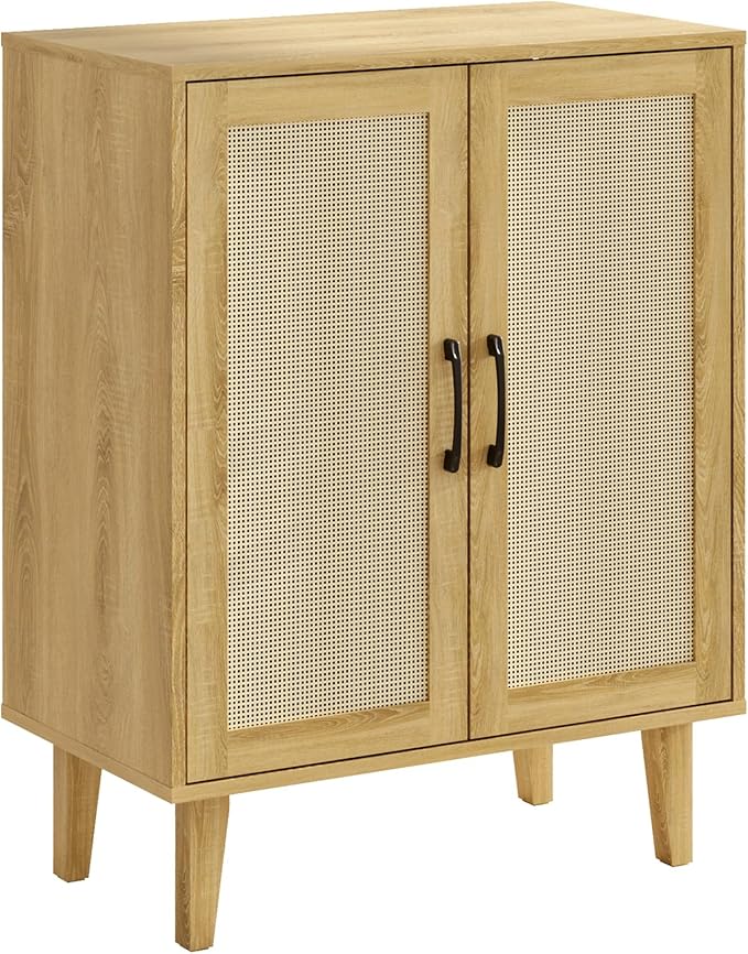 Rattan Decorated Buffet Cabinet - 2 Doors Simple Style Storage Cabinet, Shoe Cabinet with Adjustable Shelves, Sideboard for Kitchen, Living Room, Hallway, Entryway (Natural Wood) - LeafyLoom