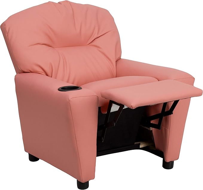 Flash Furniture Chandler Vinyl Kids Recliner with Cup Holder and Safety Recline, Contemporary Reclining Chair for Kids, Supports up to 90 lbs., Pink - LeafyLoom