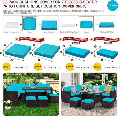 ClawsCover 13Pack Outdoor Seat and Back Cushions Replacement Covers Fit for 7Pieces Wicker Rattan Patio Furniture Set Sectional Couch with Dining Table and Ottoman,Turquoise-Include Cover Only - LeafyLoom