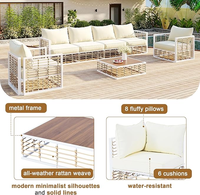 7-Piece Rattan Woven Outdoor Patio Furniture Set, All-Weather Sectional Sofa with Removable Cushions&Coffee Table, Minimalist Style Garden Couch Seating, Onesize, White Frame+Ivory Cushion - LeafyLoom