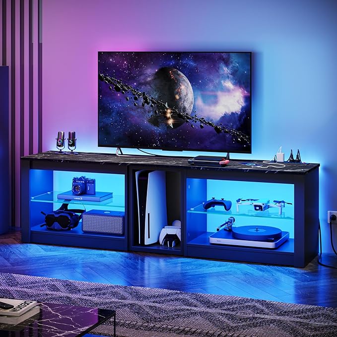 Bestier TV Stand for 70 inch TV with Power Outlets, LED Entertainment Center for PS5, Gaming TV Consoles with Glass Shelves for Living Room, 63'' Inch, Black Marble - LeafyLoom