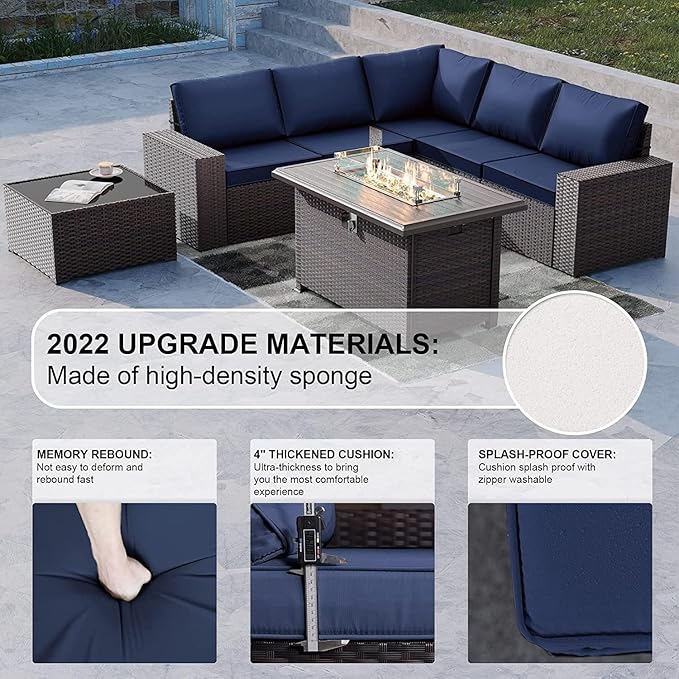 Kullavik 7 Pieces Outdoor Patio Furniture Set with 43" 55000BTU Gas Propane Fire Pit Table PE Wicker Rattan Sectional Sofa Patio Conversation Sets,Navy Blue - LeafyLoom