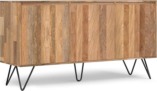 SIMPLIHOME Hunter SOLID MANGO WOOD and Iron 60 inch x 18 inch Rectangle Contemporary 3 Door Sideboard Buffet in Natural for The Dining Room and Kitchen - LeafyLoom