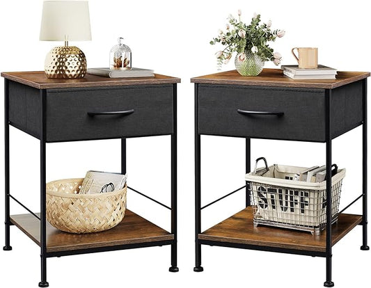 WLIVE Night Stand Set 2, Nightstands End Tables with Fabric Storage Drawer and Open Wood Shelf, Side Tables for Bedroom, Small Bedside Furniture, Dorm, Easy Assembly, Black and Rustic Brown - LeafyLoom