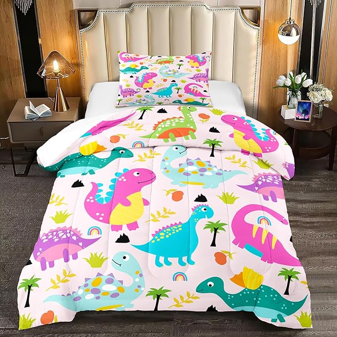 Dinosaur Twin Bedding Set, Cartoon Dinosaur Comforter Set Twin Girl Bedding Set for Girls Room Soft Breathable Dino Quilt Kids Bedding Set for All Season, 1 Comforter 1 Pillowcase - LeafyLoom