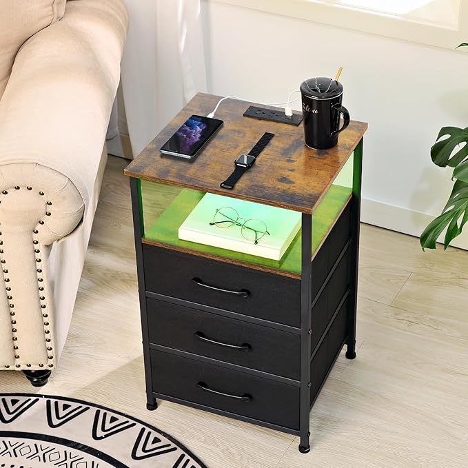 Nightstands Set of 2, Large End Tables Living Room, Bed Side Tables with Charging Station, 24.7" Tall Night Stand with 3 Fabric Drawers and LED Light Strip for Bedroom HNS013BR - LeafyLoom