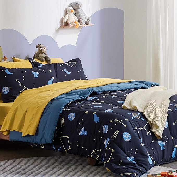 SLEEP ZONE Kids Twin Bedding Comforter Set - Super Cute & Soft Kids Bedding 5 Pieces Set with Comforter, Sheet, Pillowcase & Sham (Navy Galaxy) - LeafyLoom