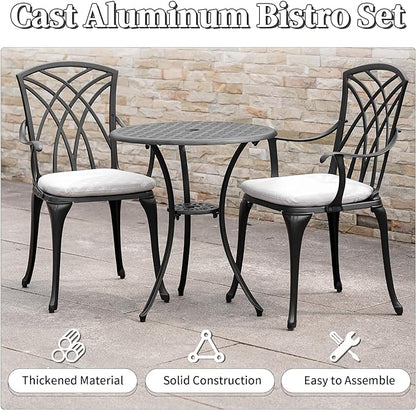 3 Piece Patio Bistro Set with Cushions, Outdoor Bistro Table and Chairs Set of 2 with Umbrella Holes, All Weather Bistro Table Set for Garden Porch Pools - LeafyLoom