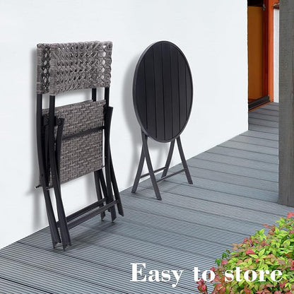 BACKYARD EXPRESSIONS PATIO · HOME · GARDEN 3 Pc 3 Piece Folding Outdoor Bistro, Wicker Furniture Table and Chairs for Garden, Backyard, Porch, Patio Conversation Set, Grey/Black - LeafyLoom