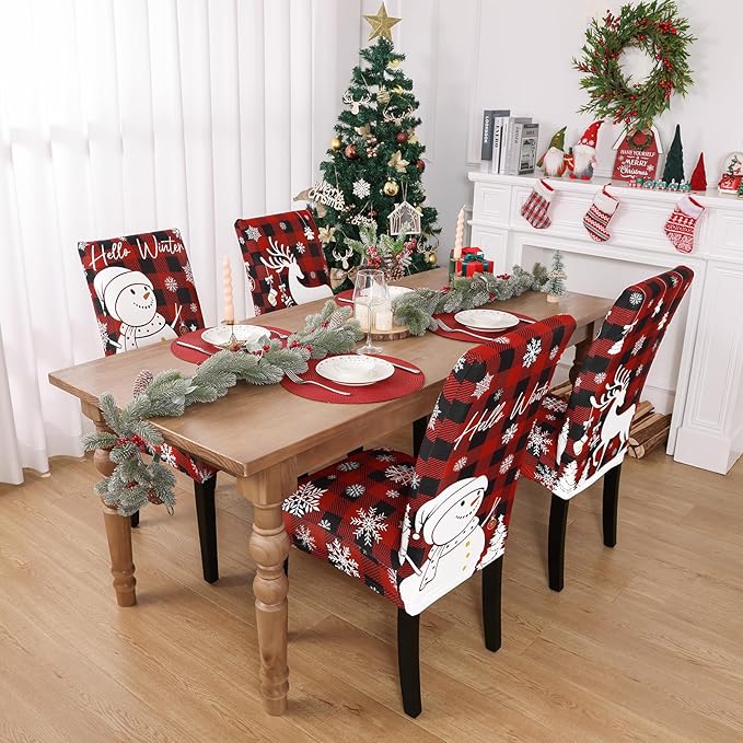 U'Artlines Christmas Chair Covers Set of 4, Removable Washable Merry Christmas Dining Chair Seat Covers Stretch Protector Slipcovers for Dining Room Kitchen Holiday Party Decor, Red Buffalo Plaid UArtlines