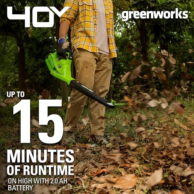 Greenworks 40V Leaf Blower/Sweeper, 150 MPH, Lightweight, Quiet, with 2.0 Ah Battery and Charger - LeafyLoom