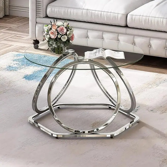 O&K FURNITURE Glass Coffee Table, Modern Silver Coffee Table Living Room Table with Hexagonal Base, Round Coffee Table for Home&Office, Chrome Finish, 1 PC - LeafyLoom